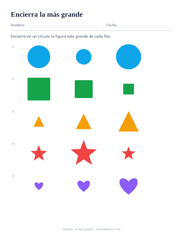 Ficha de comparar tamaños para preescolar: encierra en cada fila la figura más grande