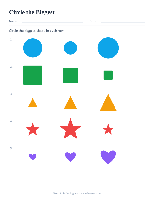 Kindergarten size comparison worksheet, circle the Biggest item in each row