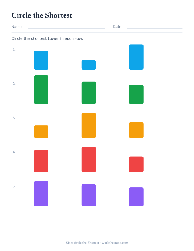 Kindergarten size comparison worksheet, circle the Shortest item in each row