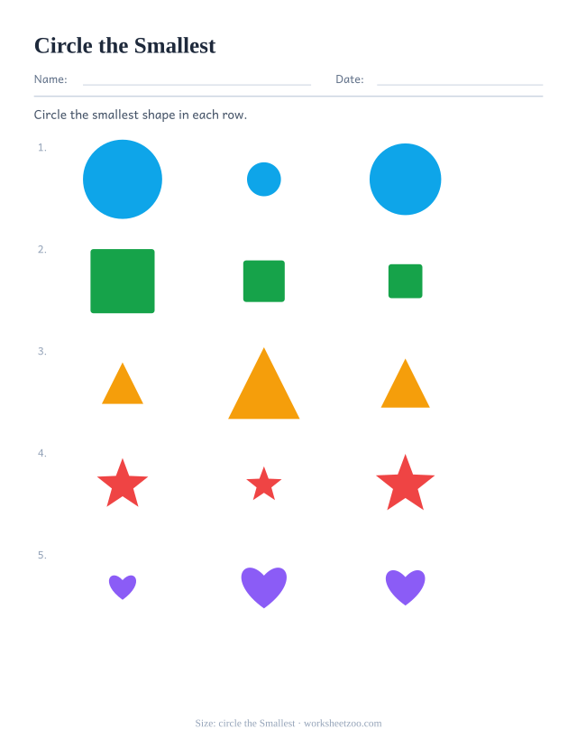 Kindergarten size comparison worksheet, circle the Smallest item in each row