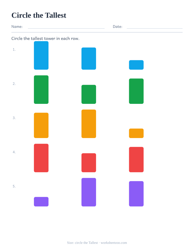 Kindergarten size comparison worksheet, circle the Tallest item in each row