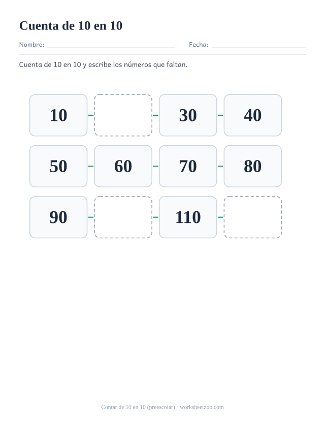 Ficha de conteo salteado para preescolar: cuenta de 10 en 10 y escribe los números que faltan en la serie