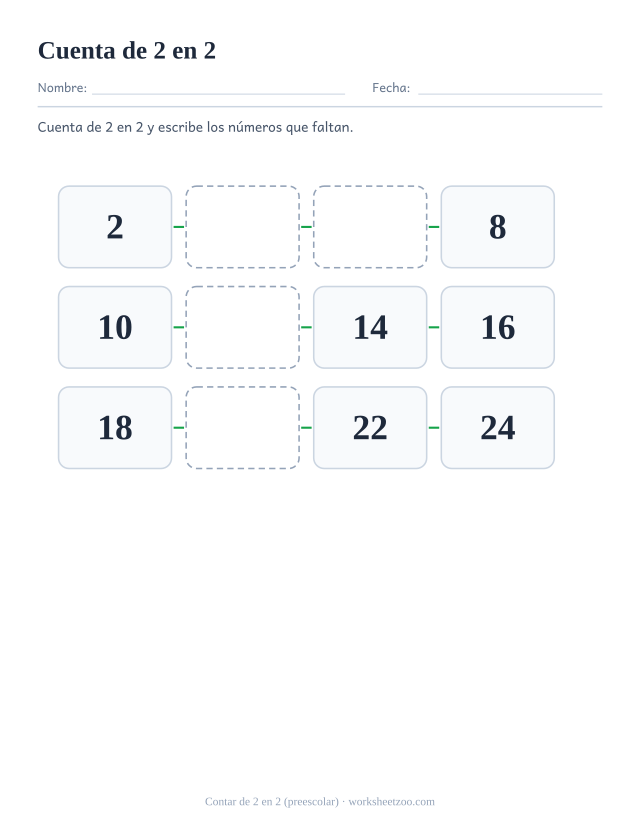 Ficha de conteo salteado para preescolar: cuenta de 2 en 2 y escribe los números que faltan en la serie