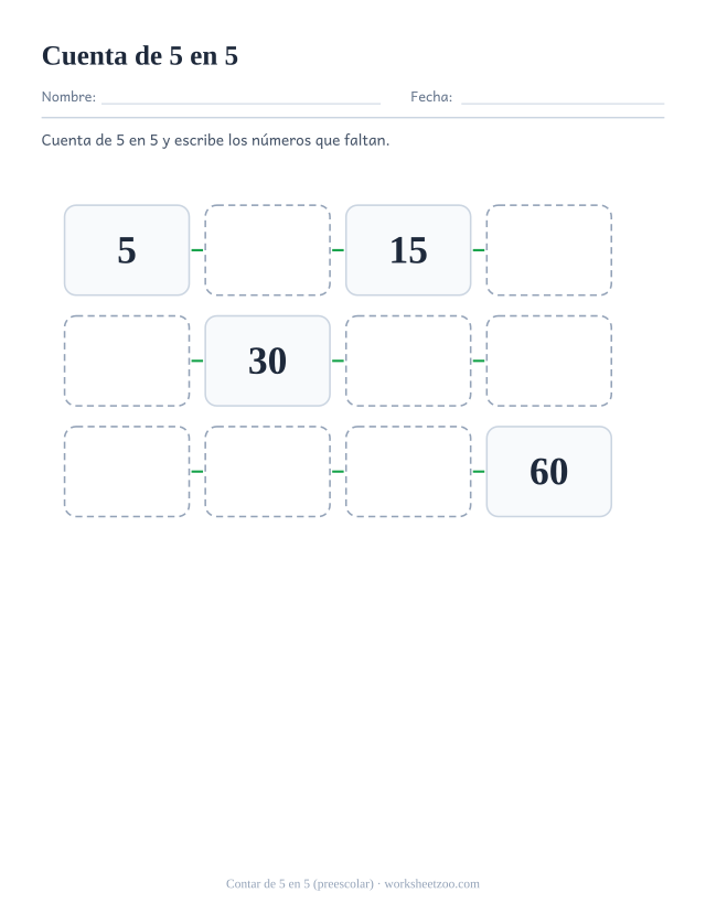 Ficha de conteo salteado para preescolar: cuenta de 5 en 5 y escribe los números que faltan en la serie