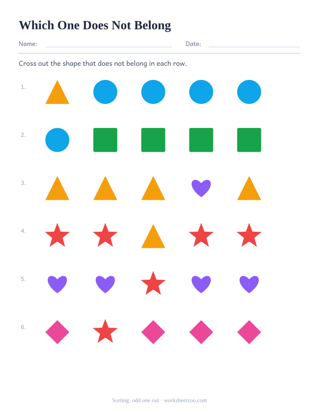 Kindergarten sorting and classifying worksheet, cross out the shape that does not belong in each row