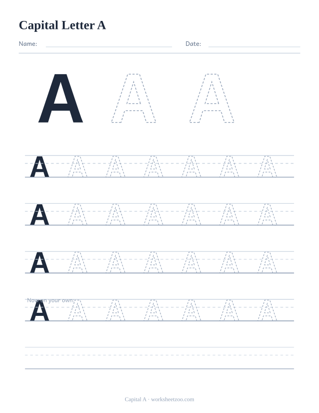 Capital letter A tracing worksheet, a big dashed uppercase A with four full rows of handwriting practice