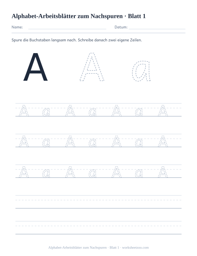 Vorschau: Alphabet-Arbeitsblätter zum Nachspuren, druckbares Arbeitsblatt 1