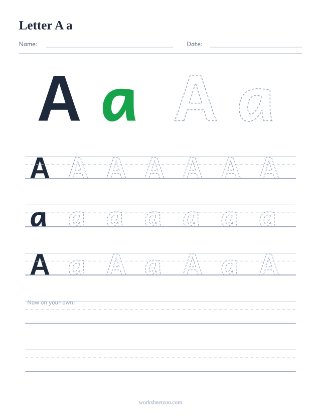Letter A tracing worksheet — uppercase and lowercase practice with dashed letters