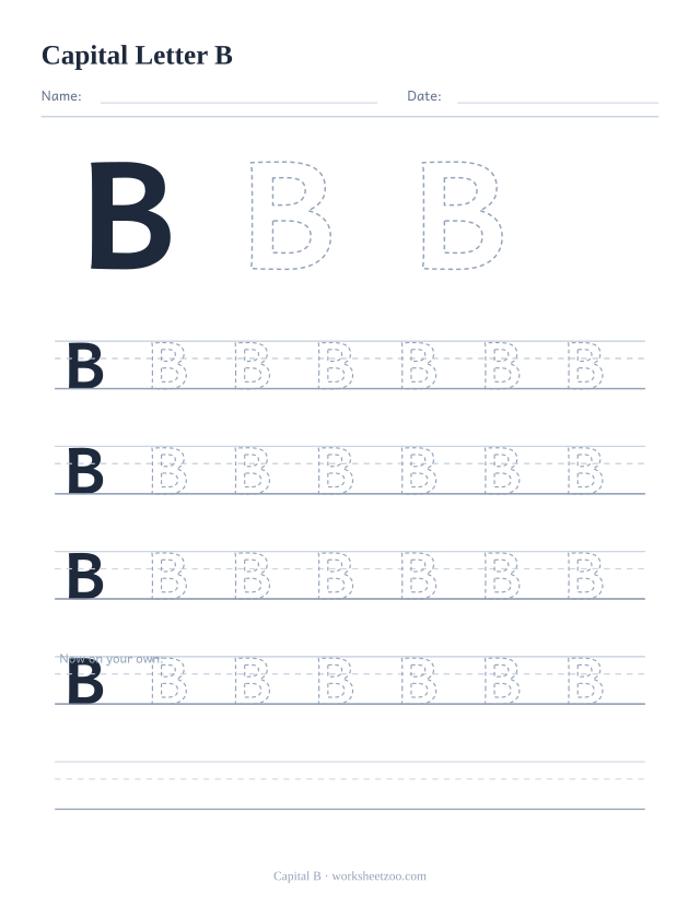 Capital letter B tracing worksheet, a big dashed uppercase B with four full rows of handwriting practice