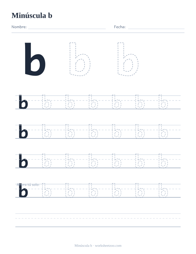Ficha para trazar la letra b minúscula, con una b grande punteada y cuatro renglones completos de práctica