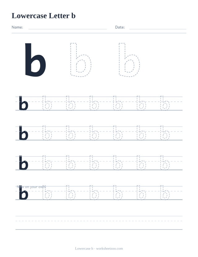 Lowercase letter b tracing worksheet, a big dashed small b with four full rows of handwriting practice