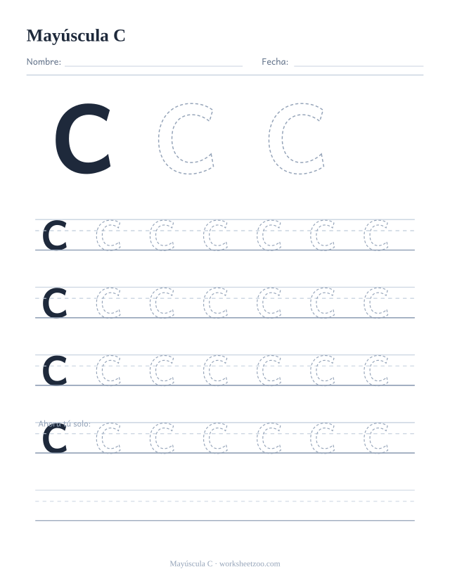 Ficha para trazar la letra C mayúscula, con una C grande punteada y cuatro renglones completos de práctica
