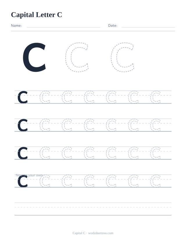 Capital letter C tracing worksheet, a big dashed uppercase C with four full rows of handwriting practice