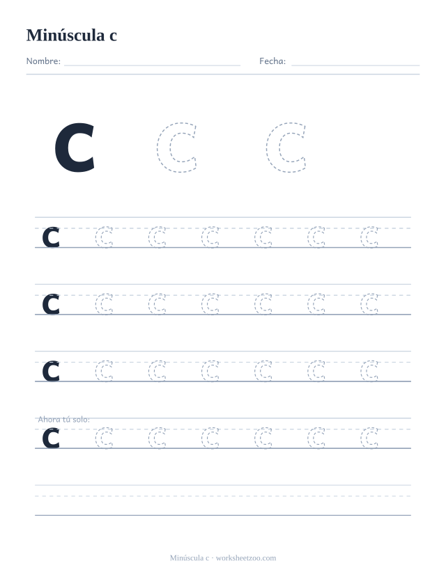 Ficha para trazar la letra c minúscula, con una c grande punteada y cuatro renglones completos de práctica