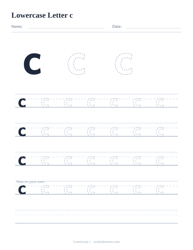 Lowercase letter c tracing worksheet, a big dashed small c with four full rows of handwriting practice