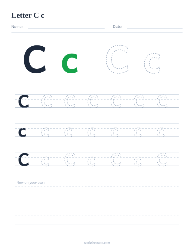 Letter C tracing worksheet — uppercase and lowercase practice with dashed letters