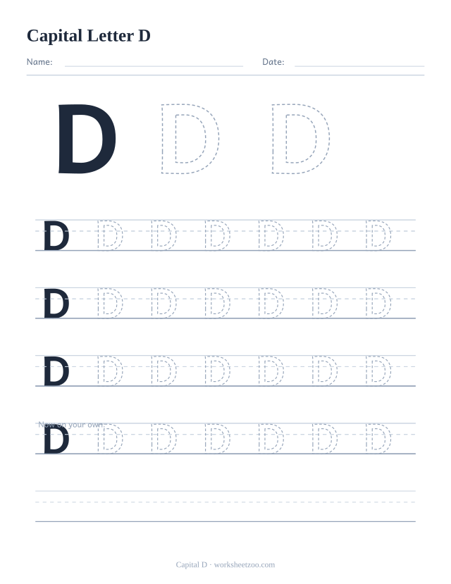 Capital letter D tracing worksheet, a big dashed uppercase D with four full rows of handwriting practice