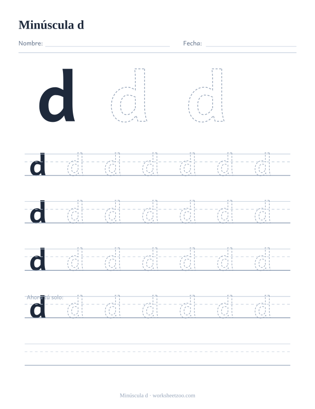 Ficha para trazar la letra d minúscula, con una d grande punteada y cuatro renglones completos de práctica