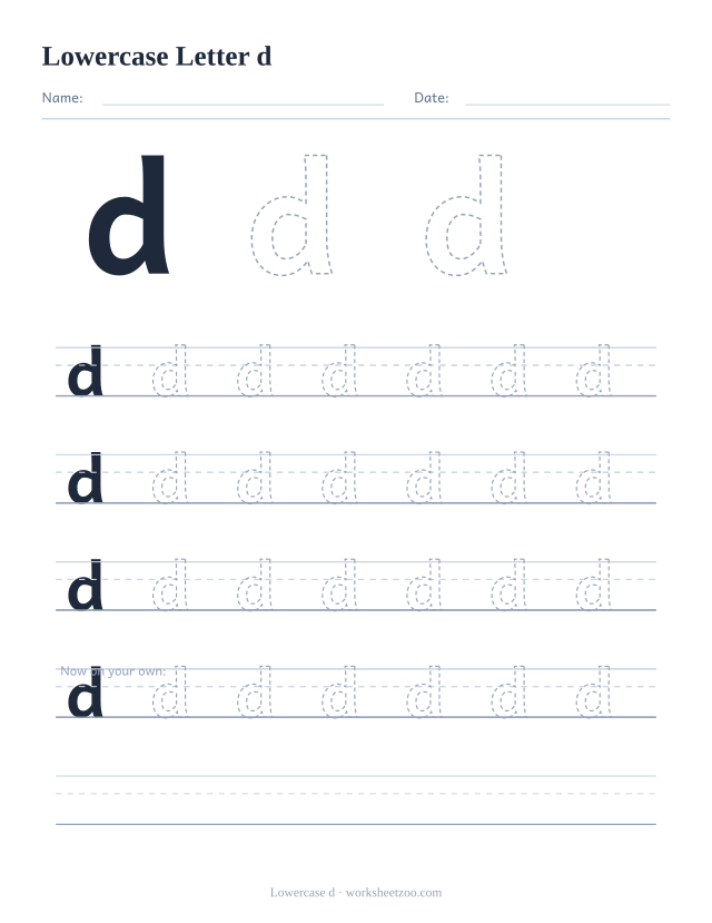 Lowercase letter d tracing worksheet, a big dashed small d with four full rows of handwriting practice