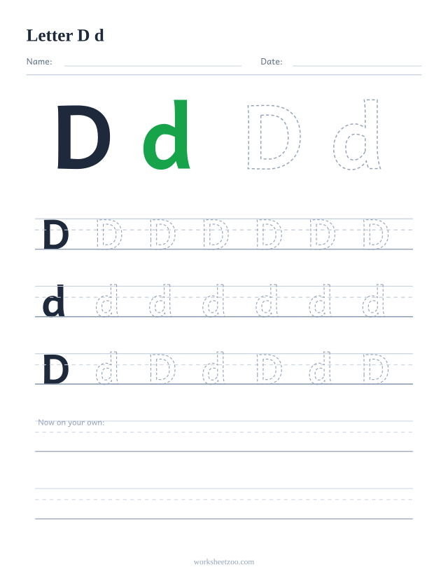 Letter D tracing worksheet — uppercase and lowercase practice with dashed letters