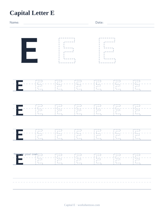 Capital letter E tracing worksheet, a big dashed uppercase E with four full rows of handwriting practice
