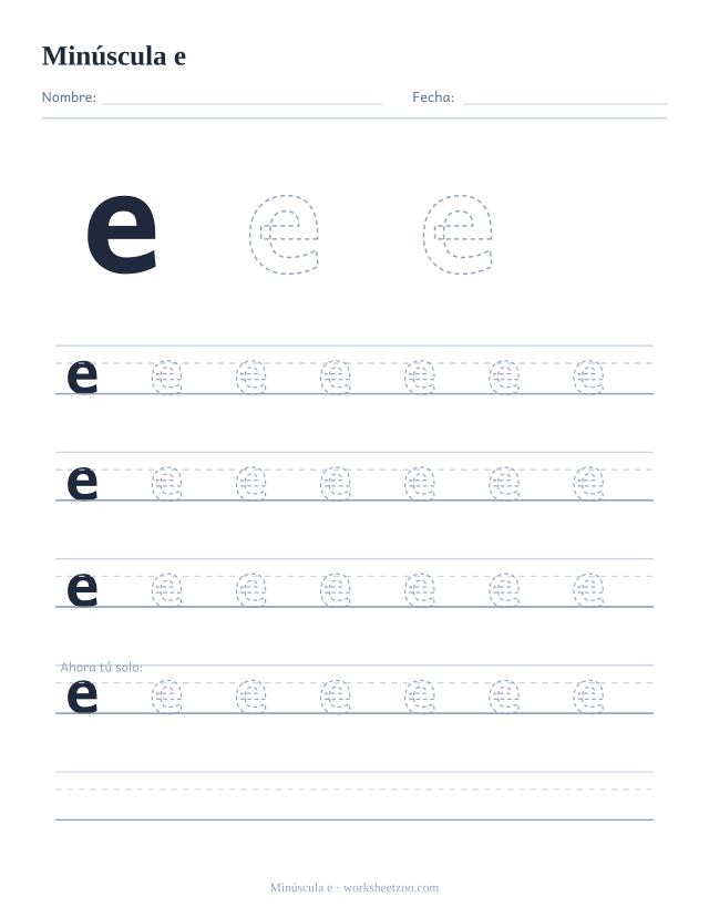 Ficha para trazar la letra e minúscula, con una e grande punteada y cuatro renglones completos de práctica