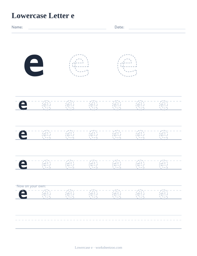 Lowercase letter e tracing worksheet, a big dashed small e with four full rows of handwriting practice