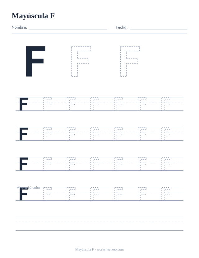 Ficha para trazar la letra F mayúscula, con una F grande punteada y cuatro renglones completos de práctica
