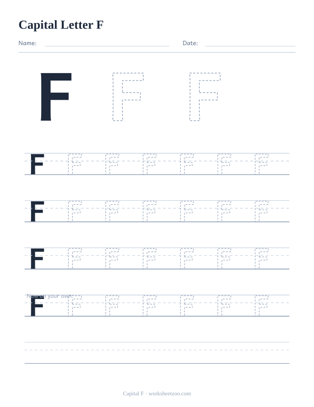 Capital letter F tracing worksheet, a big dashed uppercase F with four full rows of handwriting practice