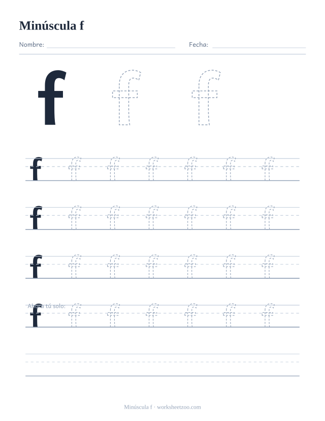 Ficha para trazar la letra f minúscula, con una f grande punteada y cuatro renglones completos de práctica