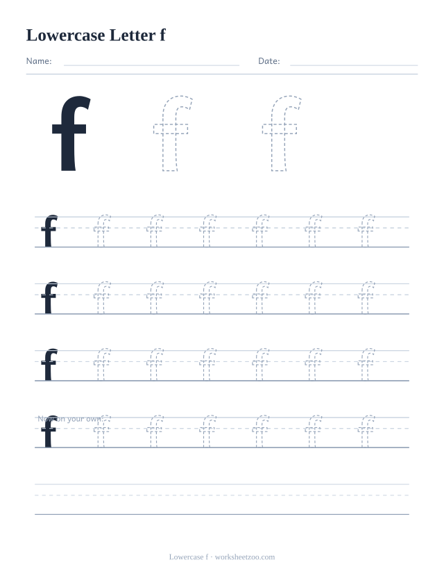 Lowercase letter f tracing worksheet, a big dashed small f with four full rows of handwriting practice