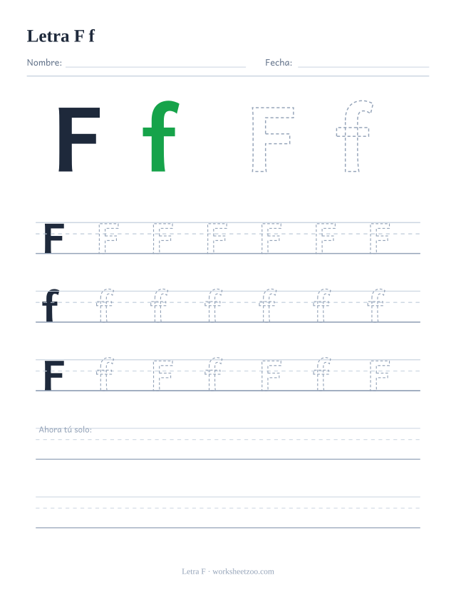 Ficha para trazar la letra F, práctica de mayúscula y minúscula con trazos punteados