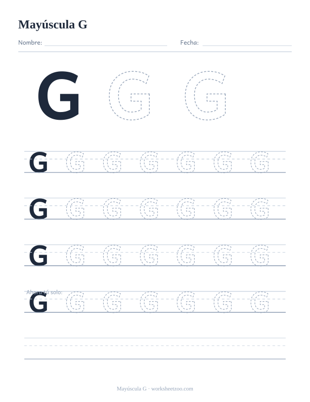 Ficha para trazar la letra G mayúscula, con una G grande punteada y cuatro renglones completos de práctica