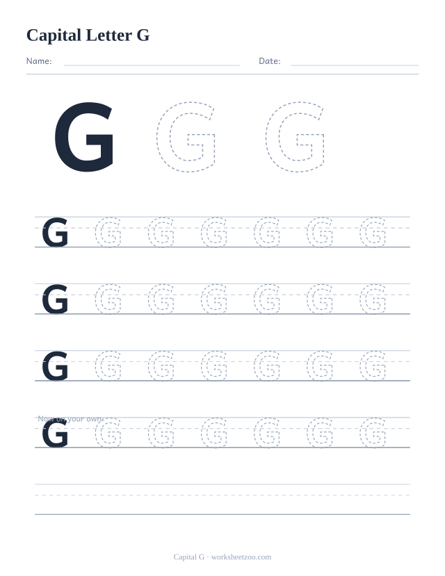 Capital letter G tracing worksheet, a big dashed uppercase G with four full rows of handwriting practice