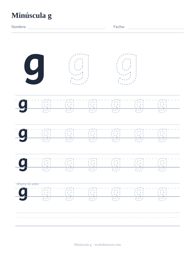 Ficha para trazar la letra g minúscula, con una g grande punteada y cuatro renglones completos de práctica