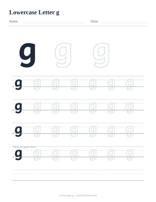 Lowercase letter g tracing worksheet, a big dashed small g with four full rows of handwriting practice