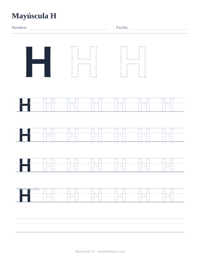 Ficha para trazar la letra H mayúscula, con una H grande punteada y cuatro renglones completos de práctica