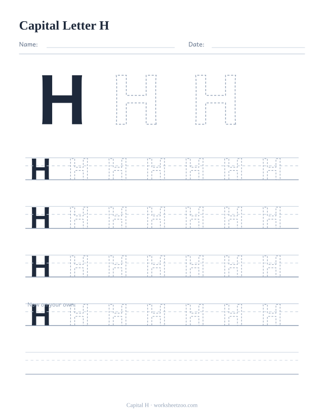 Capital letter H tracing worksheet, a big dashed uppercase H with four full rows of handwriting practice