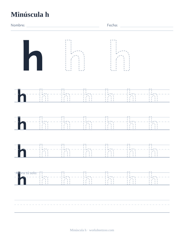 Ficha para trazar la letra h minúscula, con una h grande punteada y cuatro renglones completos de práctica