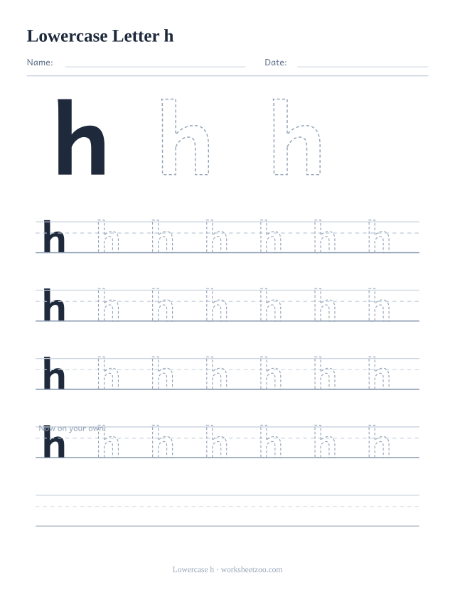 Lowercase letter h tracing worksheet, a big dashed small h with four full rows of handwriting practice