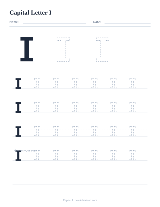 Capital letter I tracing worksheet, a big dashed uppercase I with four full rows of handwriting practice