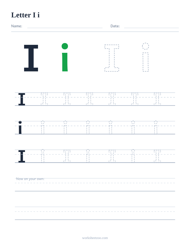 Letter I tracing worksheet — uppercase and lowercase practice with dashed letters