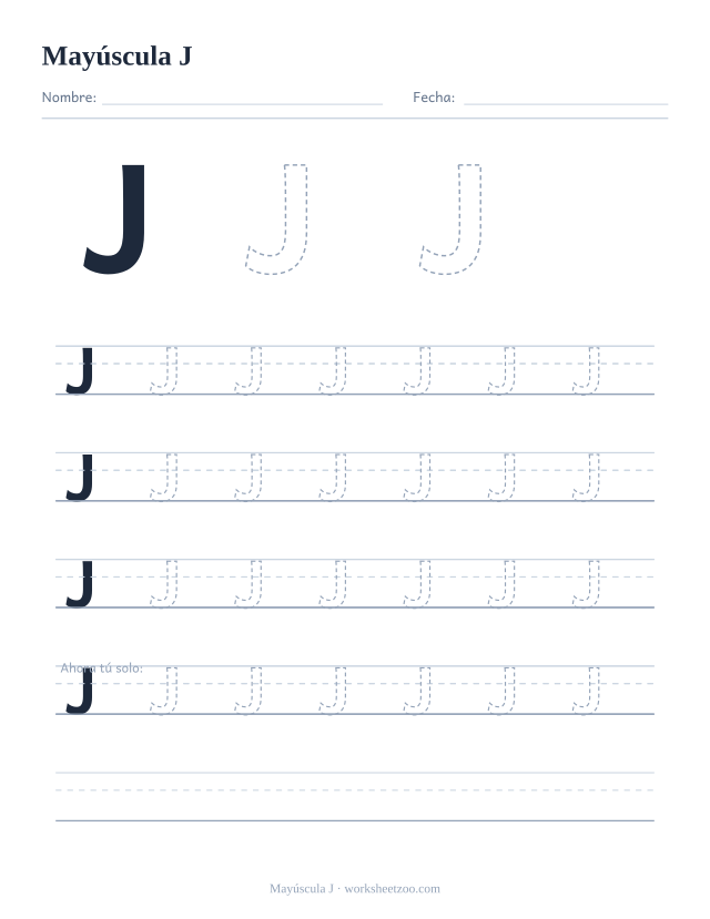 Ficha para trazar la letra J mayúscula, con una J grande punteada y cuatro renglones completos de práctica