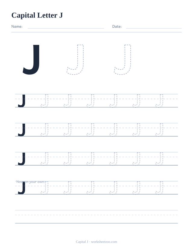 Capital letter J tracing worksheet, a big dashed uppercase J with four full rows of handwriting practice