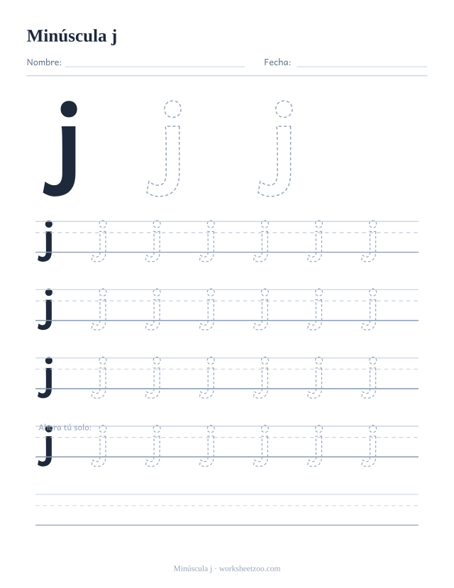 Ficha para trazar la letra j minúscula, con una j grande punteada y cuatro renglones completos de práctica