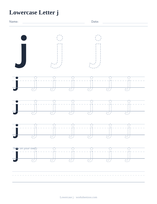 Lowercase letter j tracing worksheet, a big dashed small j with four full rows of handwriting practice