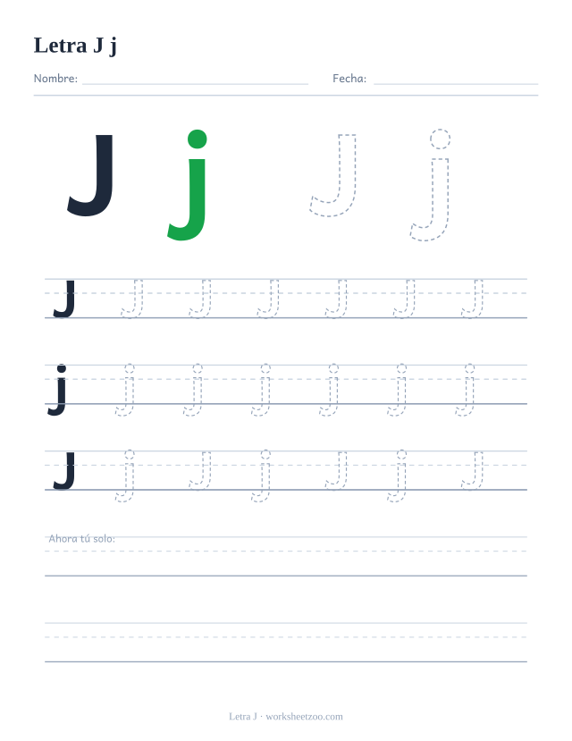 Ficha para trazar la letra J, práctica de mayúscula y minúscula con trazos punteados