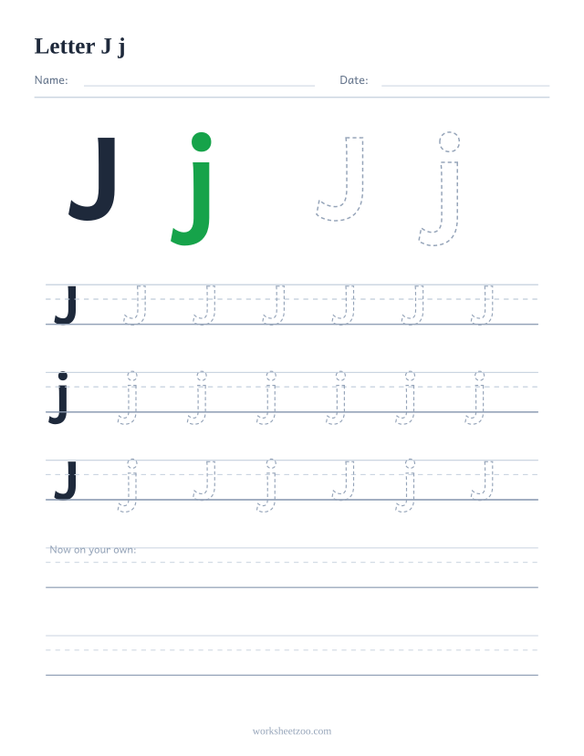 Letter J tracing worksheet — uppercase and lowercase practice with dashed letters