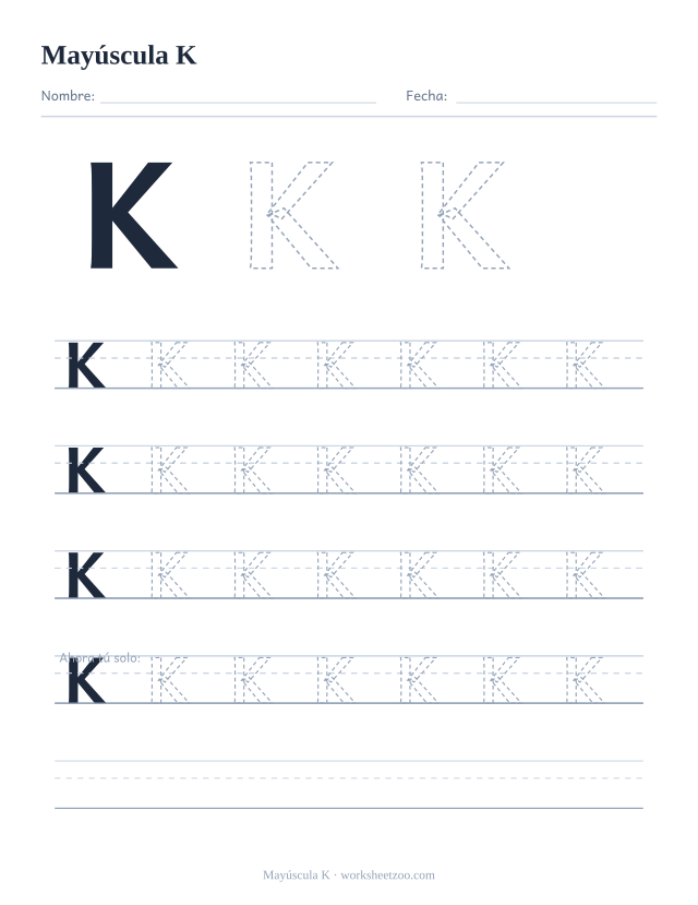 Ficha para trazar la letra K mayúscula, con una K grande punteada y cuatro renglones completos de práctica