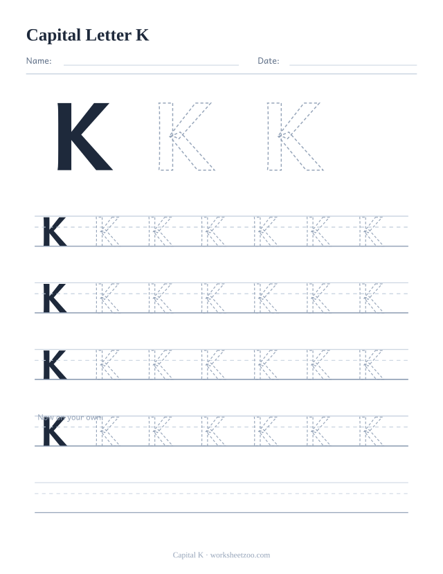 Capital letter K tracing worksheet, a big dashed uppercase K with four full rows of handwriting practice